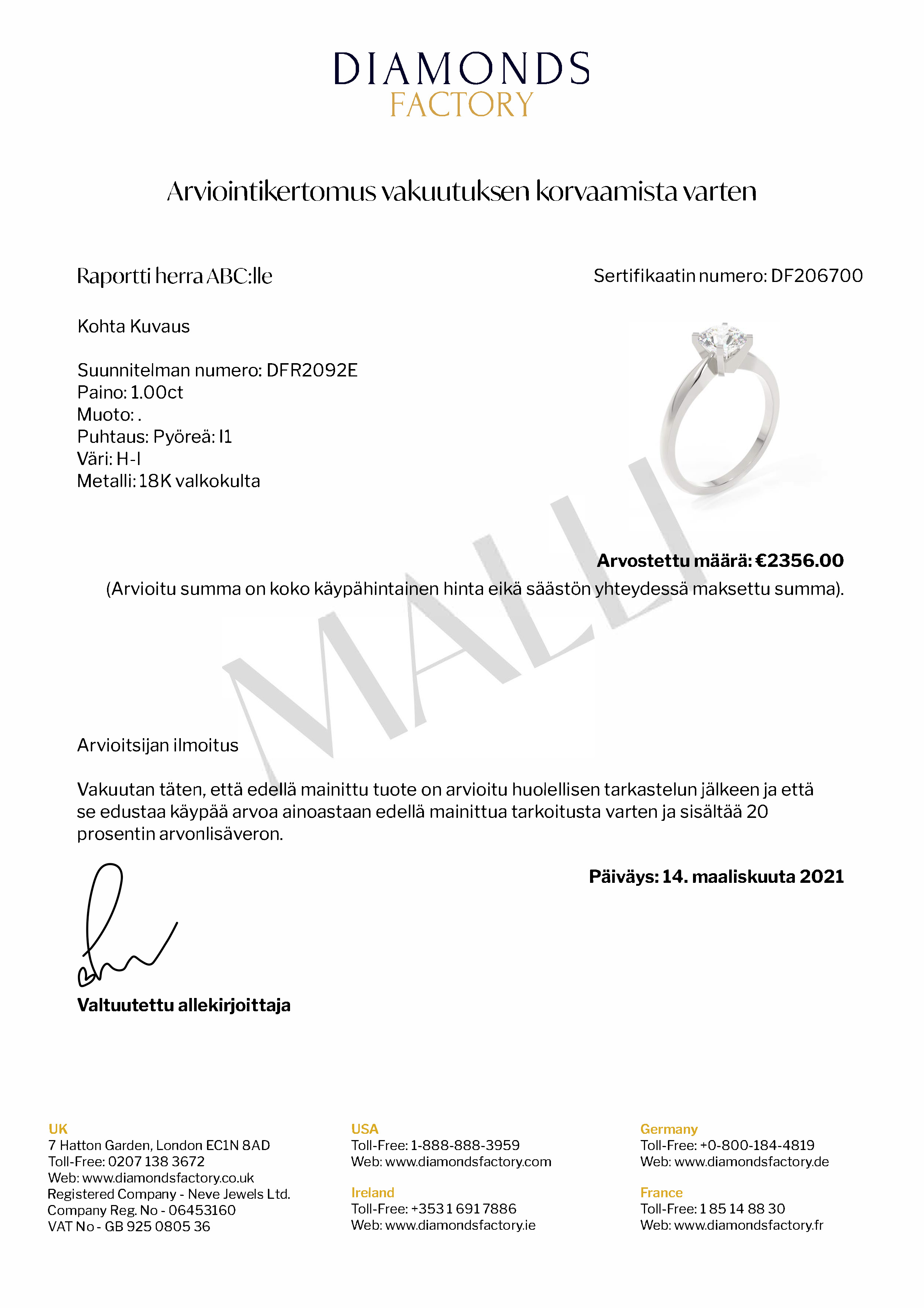 Valuation Certificate